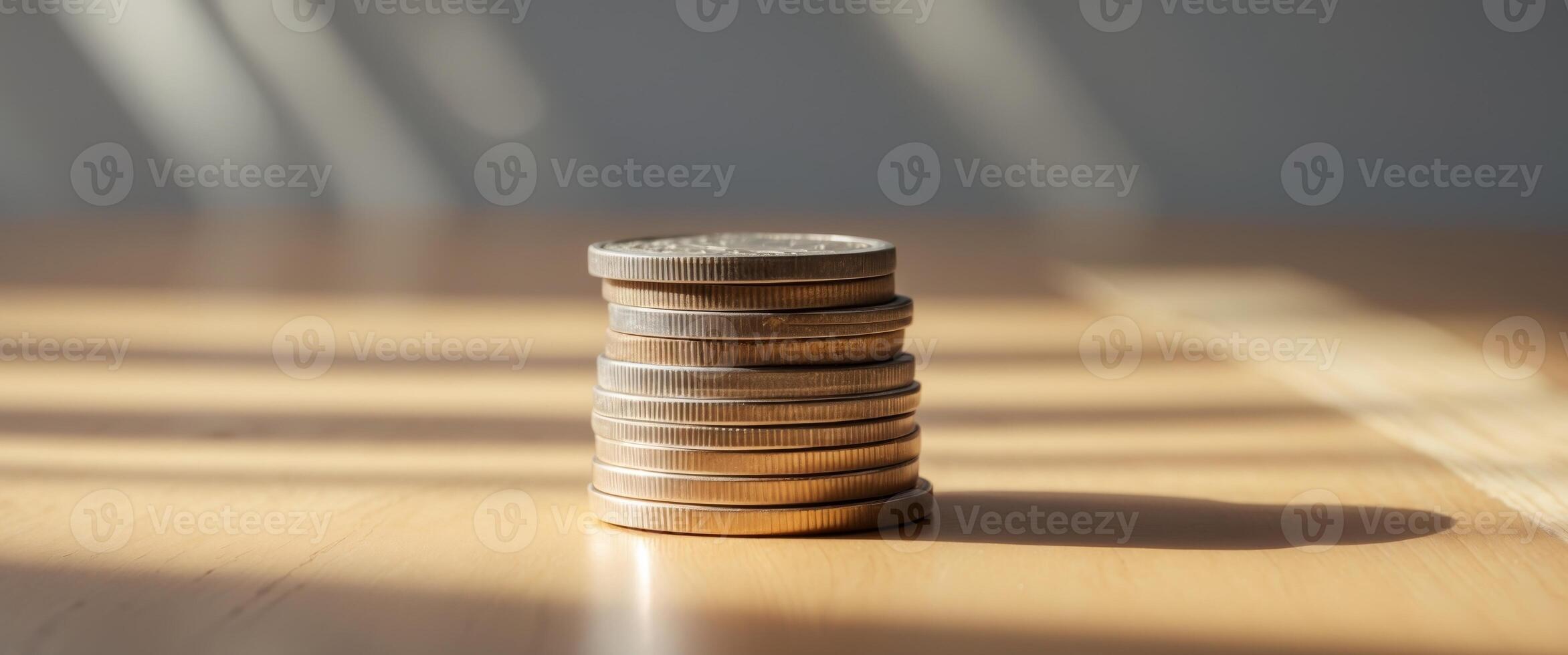 a stack of coins sitting on top of a wooden table. photo