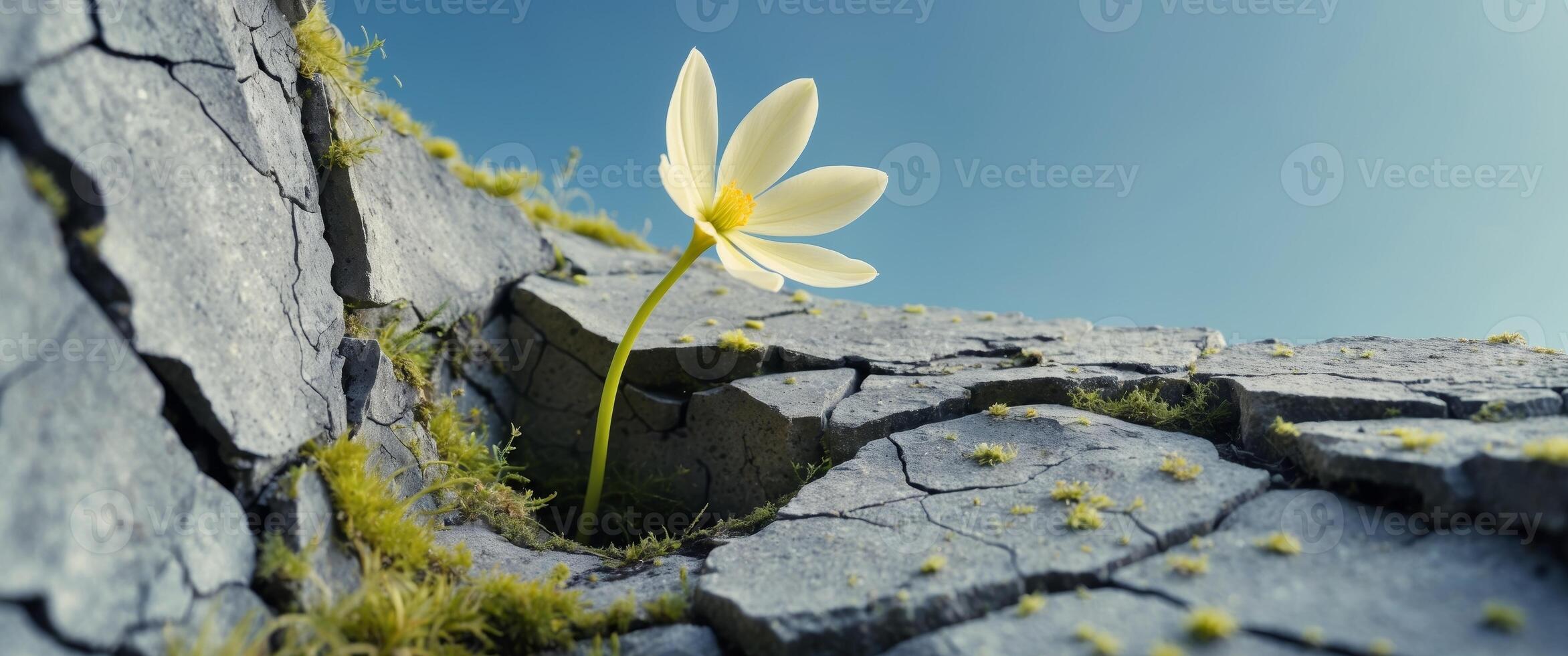 A single flower grows out of cracks on a worn stone wall. photo
