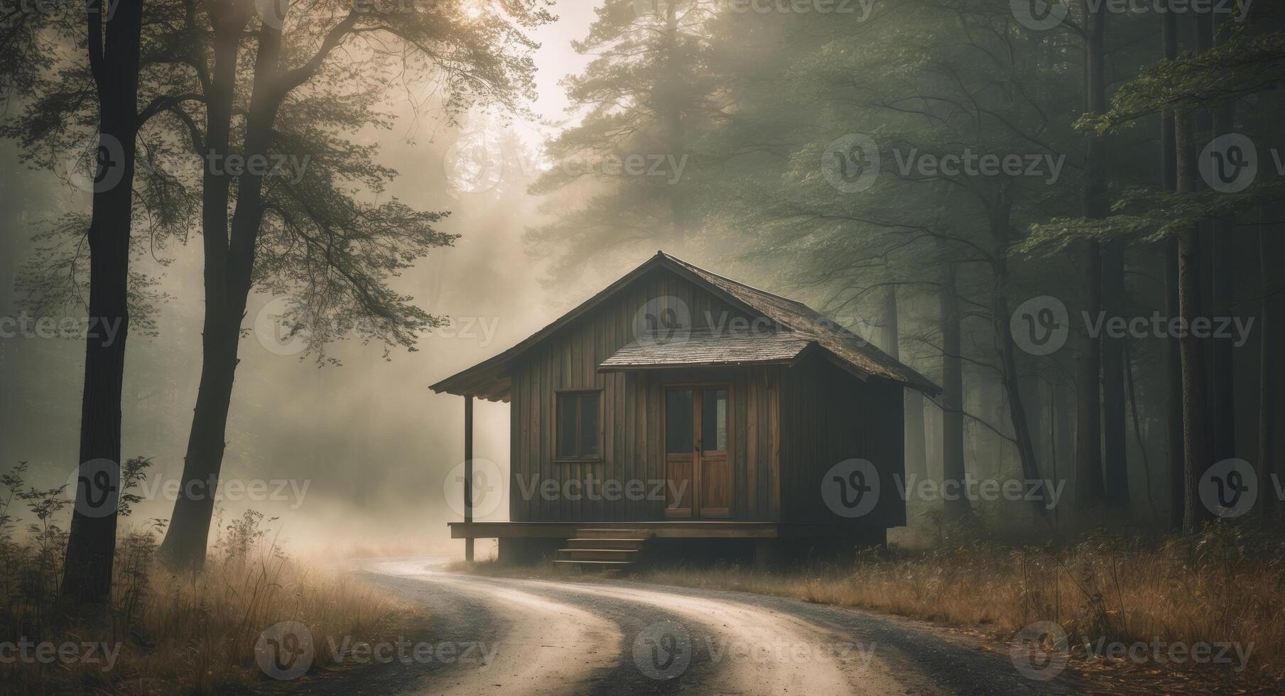 A small cabin is on a dirt road in the woods photo