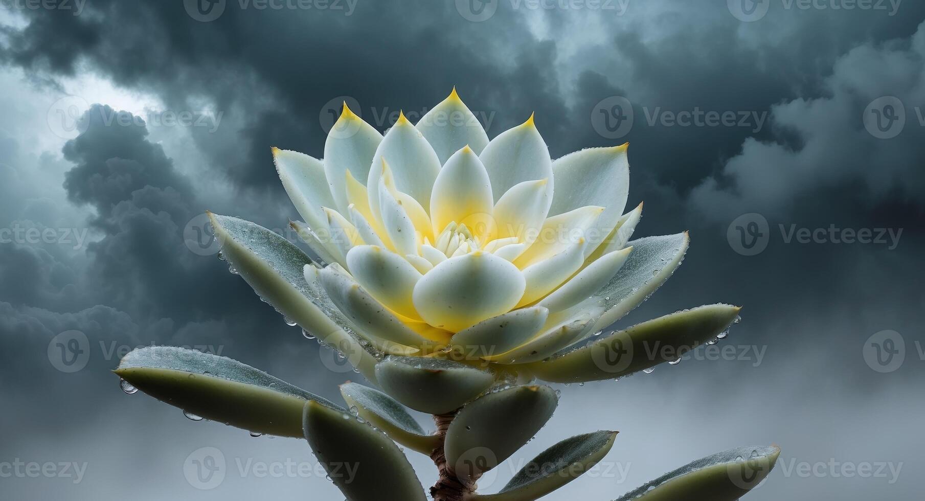 A succulent plant blooms under a stormy sky. photo