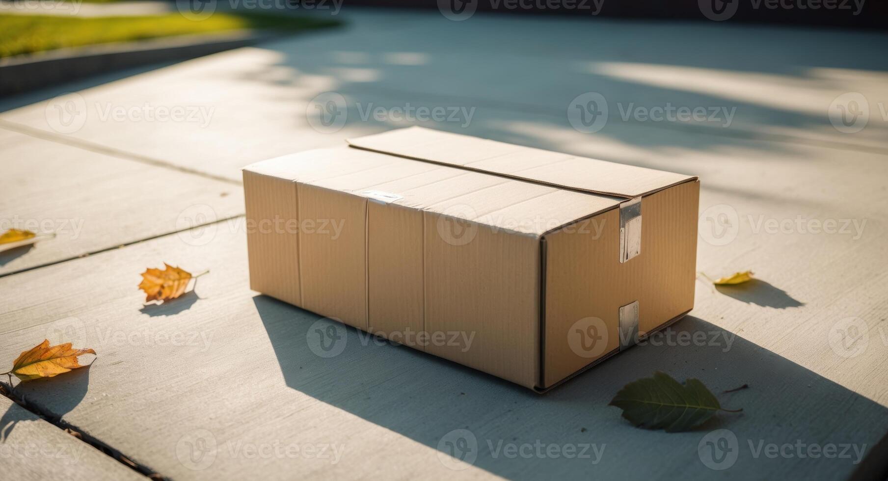 Cardboard box on a sunny suburban driveway. photo