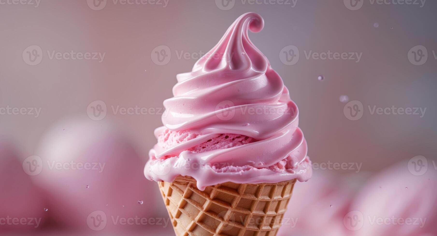 Close up of a delicious pink ice cream cone with a creamy texture and blurred background. photo