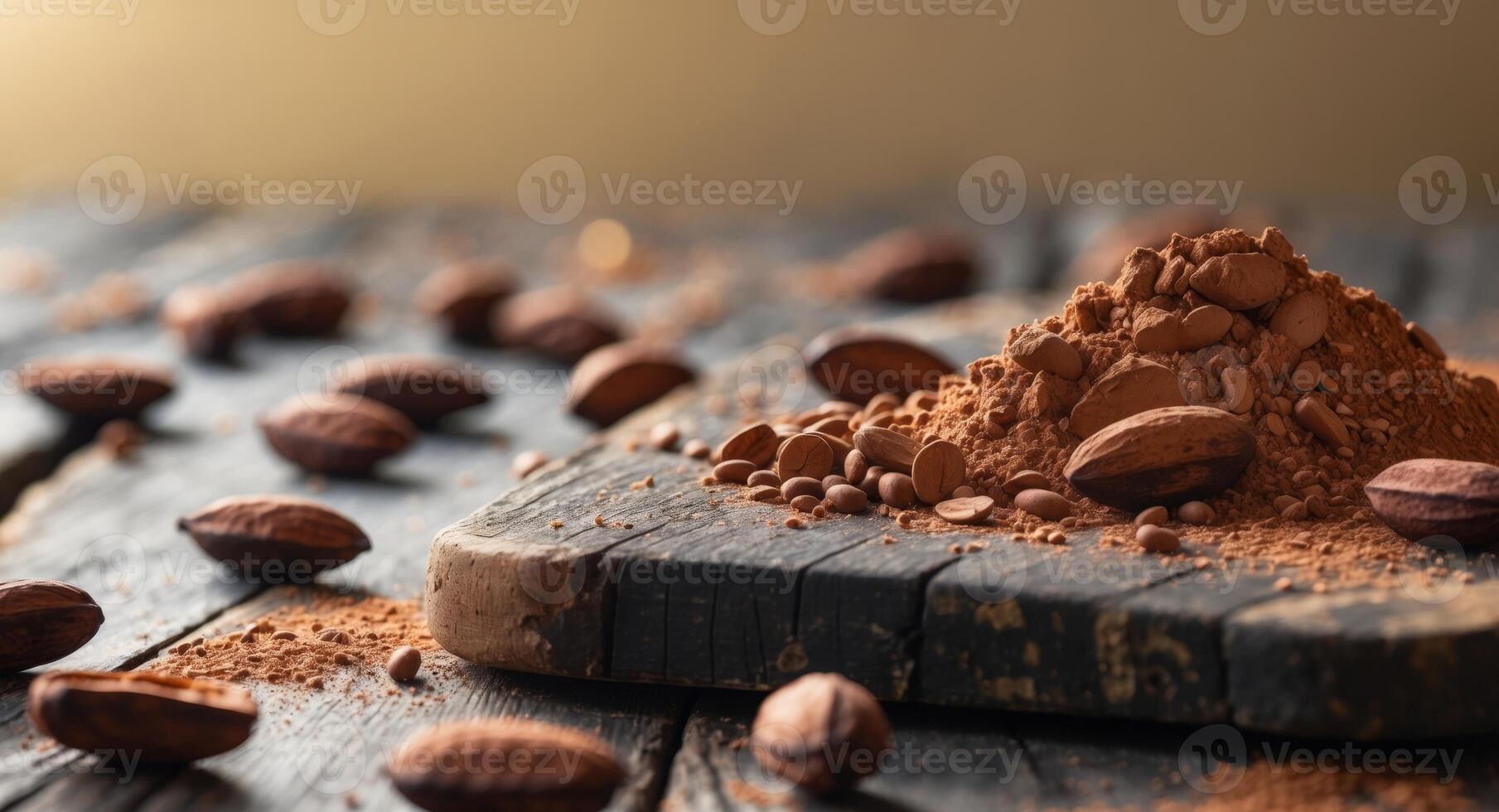 Cocoa beans and powdered chocolate displayed on a rustic wooden board in a warm setting photo