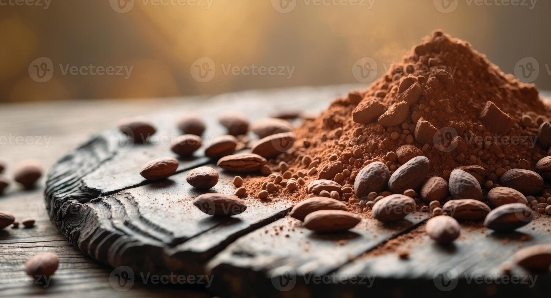 Cocoa beans and powdered chocolate displayed on a rustic wooden board in a warm setting. photo