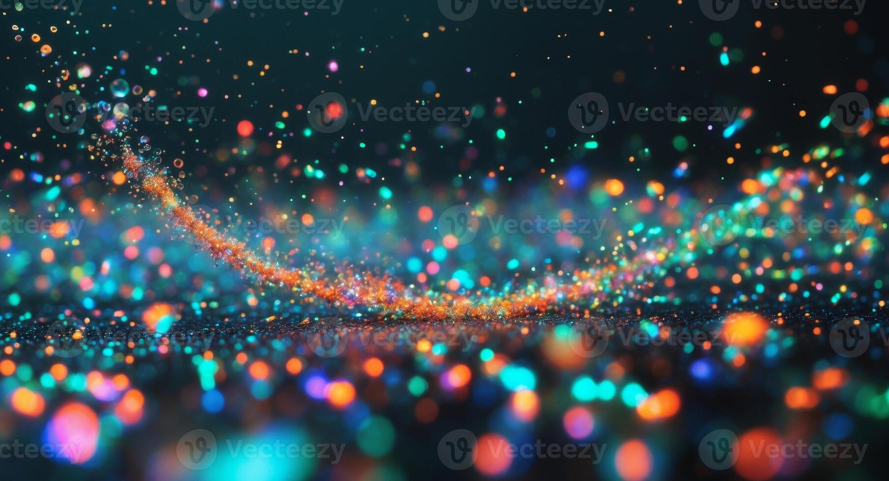 Colorful shimmering particles create a magical atmosphere with vibrant hues in a dark backdrop. photo