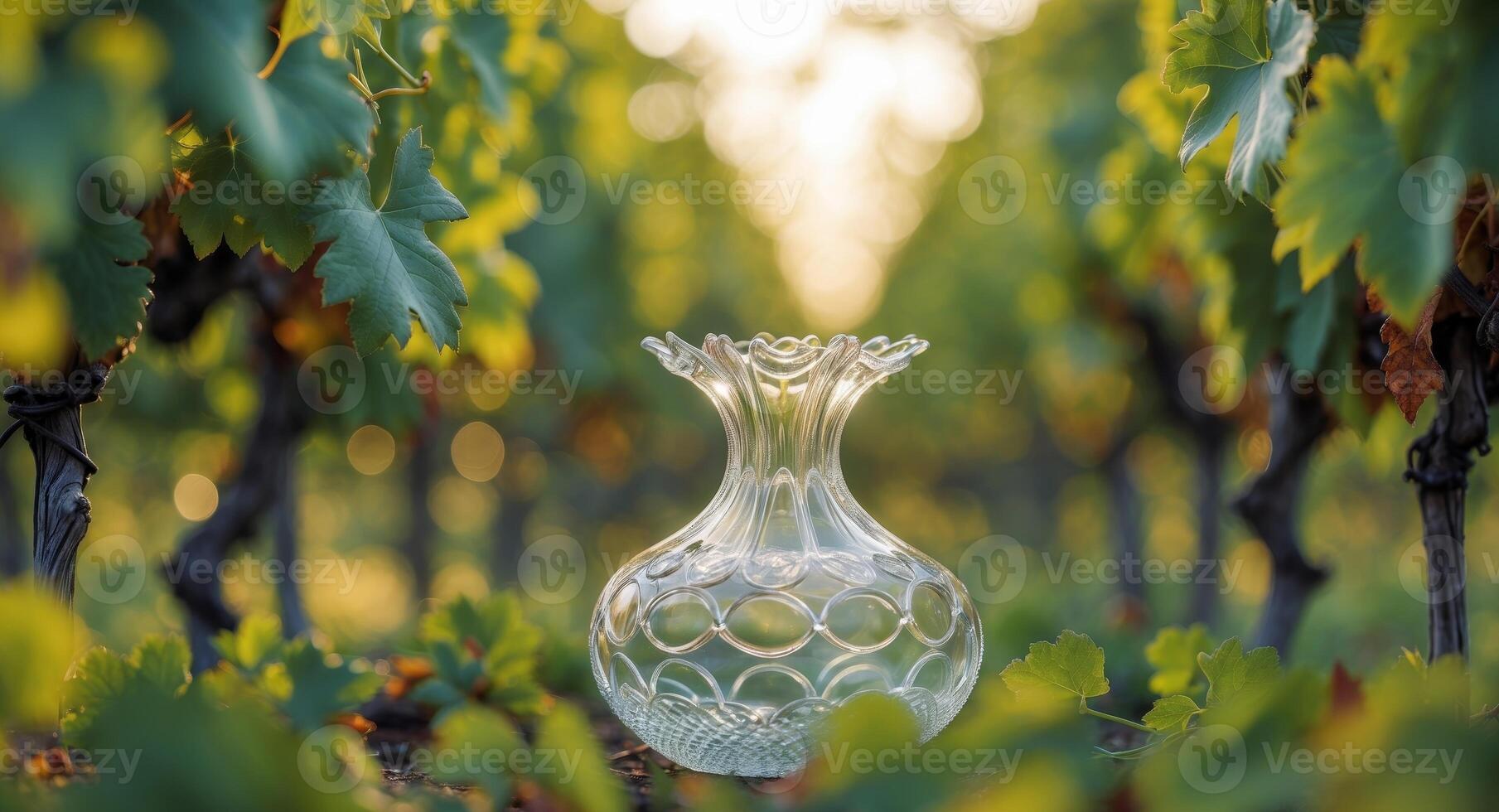 Decorative glass vessel placed among lush grapevines in vineyard during daytime. photo