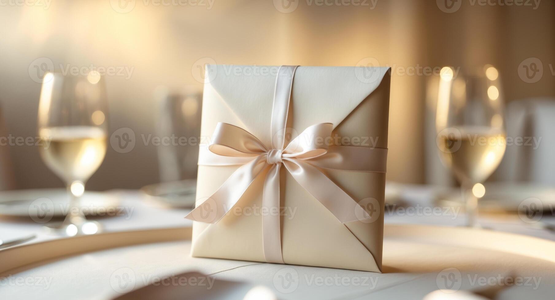 Elegant Gift Envelope with Ribbon Bow on Table at Wedding Reception photo