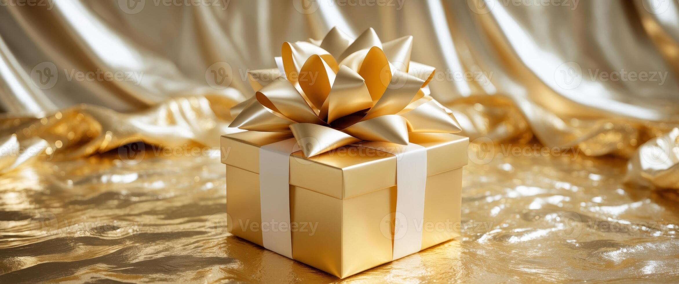 Elegant golden gift box with a luxurious bow atop a sparkling gold background ideal for festive celebrations and special occasions photo