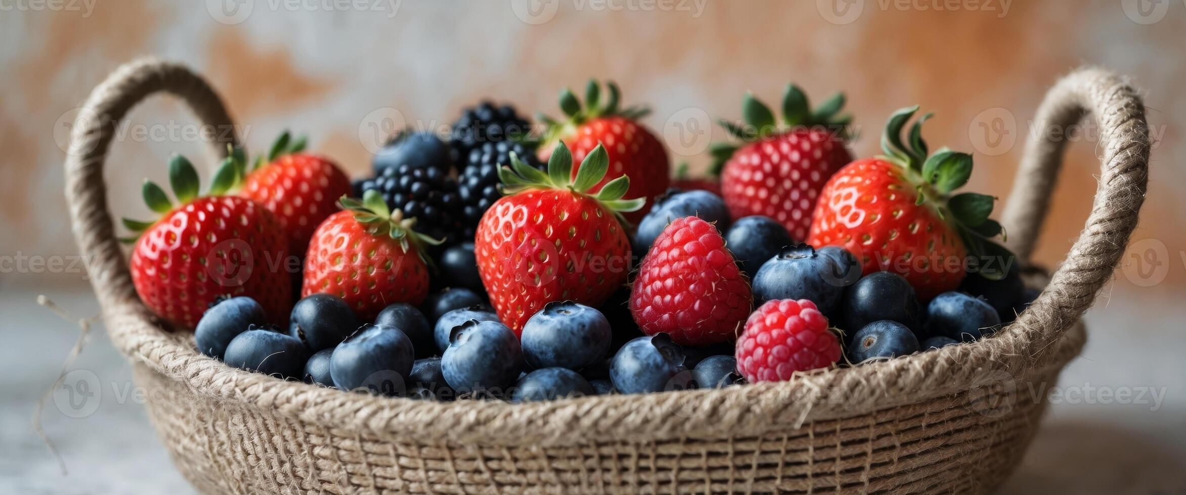 Fresh and Vibrant Assorted Berries in a Rustic Woven Basket with Textured Background Ideal for Healthy Eating and Culinary Themes. photo