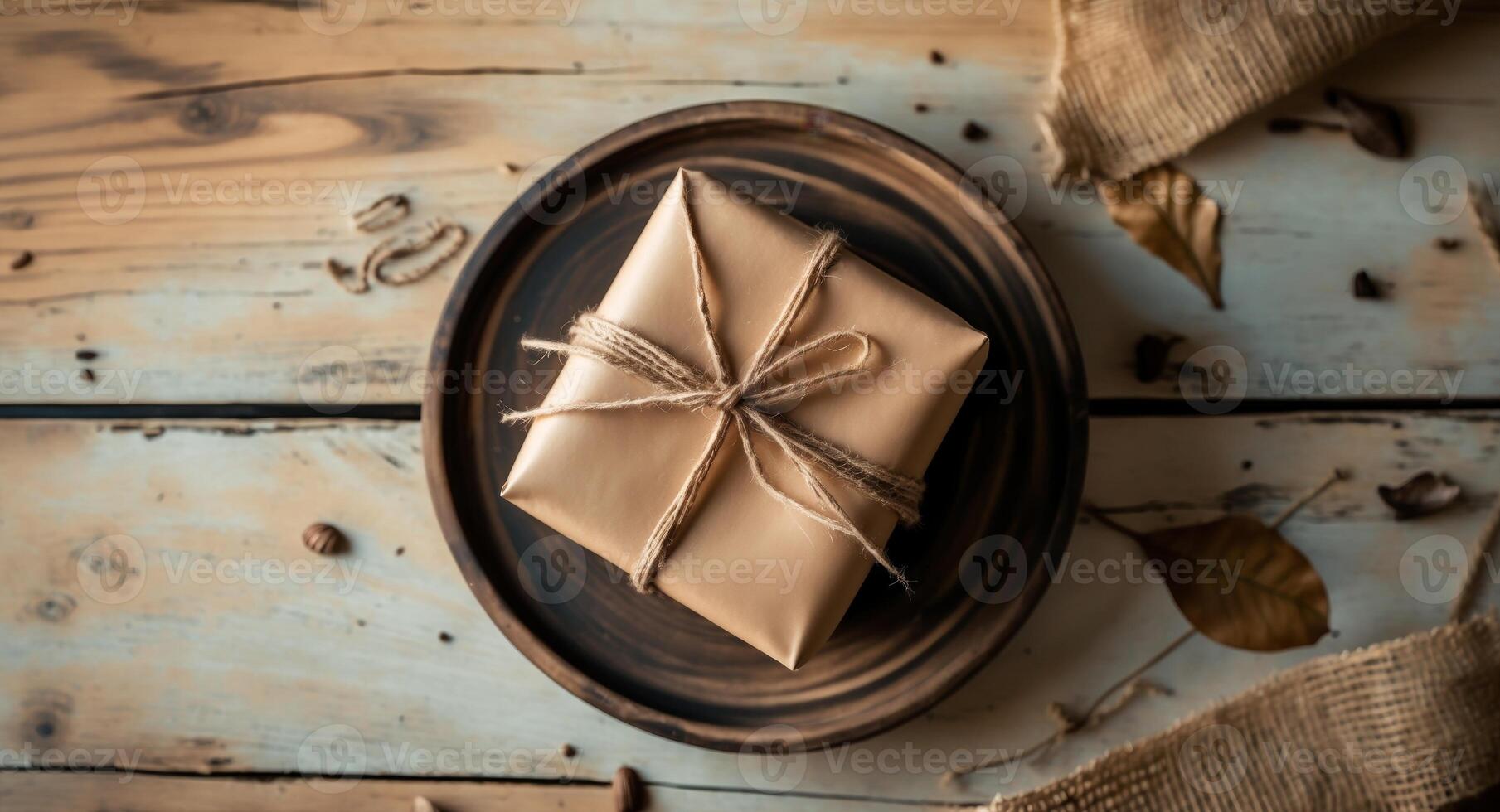 Gift box wrapped in brown paper with twine placed on rustic wooden surface top view with warm tones and natural textures surrounding it. photo