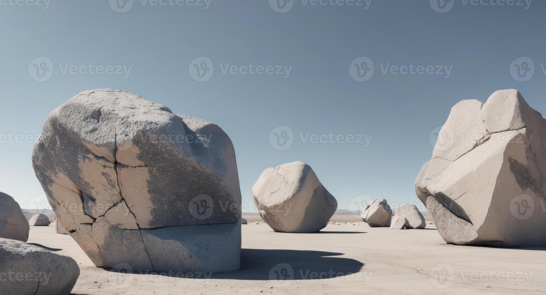 Granite boulders scattered across a barren desert landscape photo