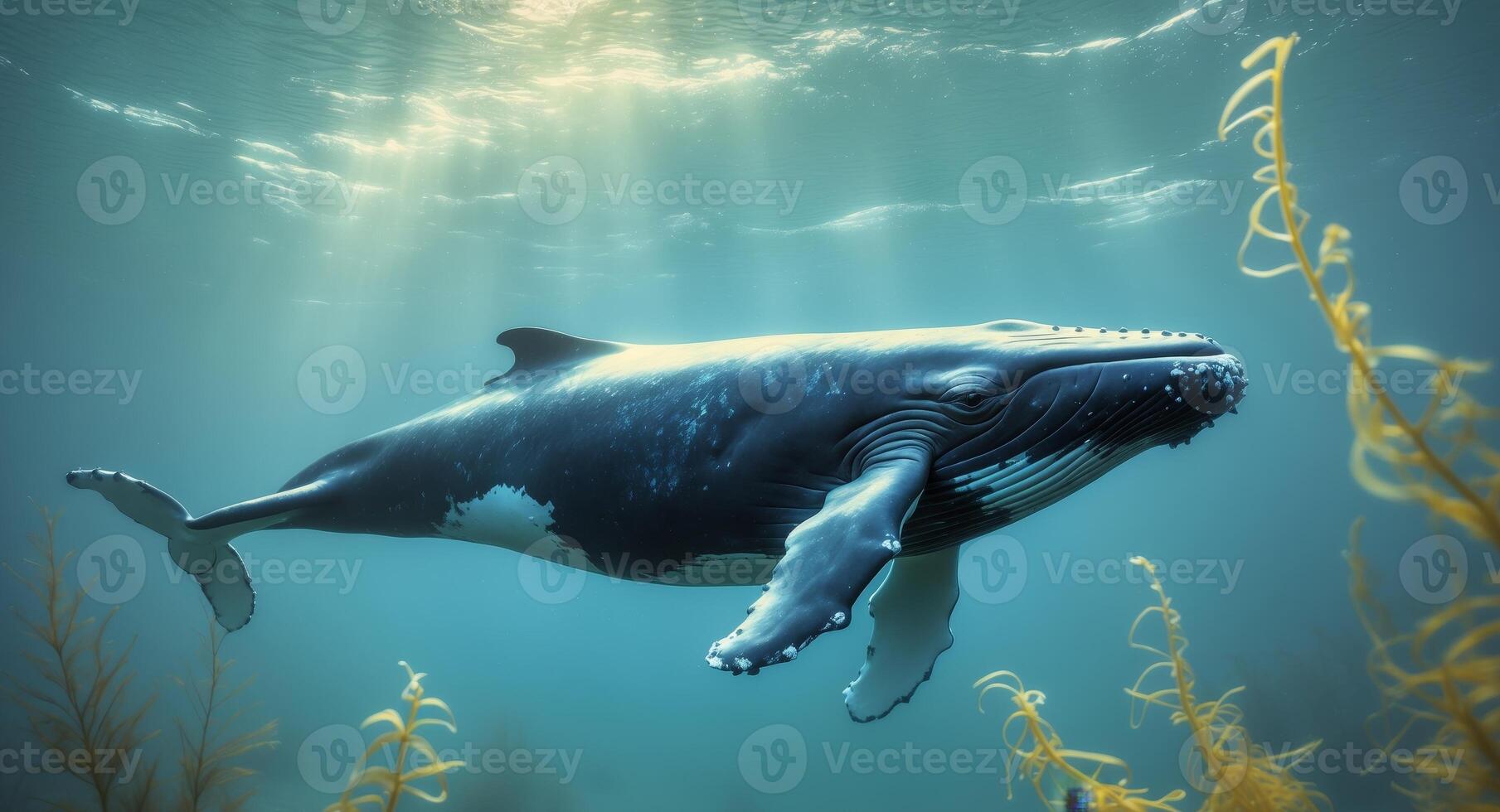 Majestic humpback whale swimming gracefully through vibrant underwater scene illuminated by bioluminescence photo