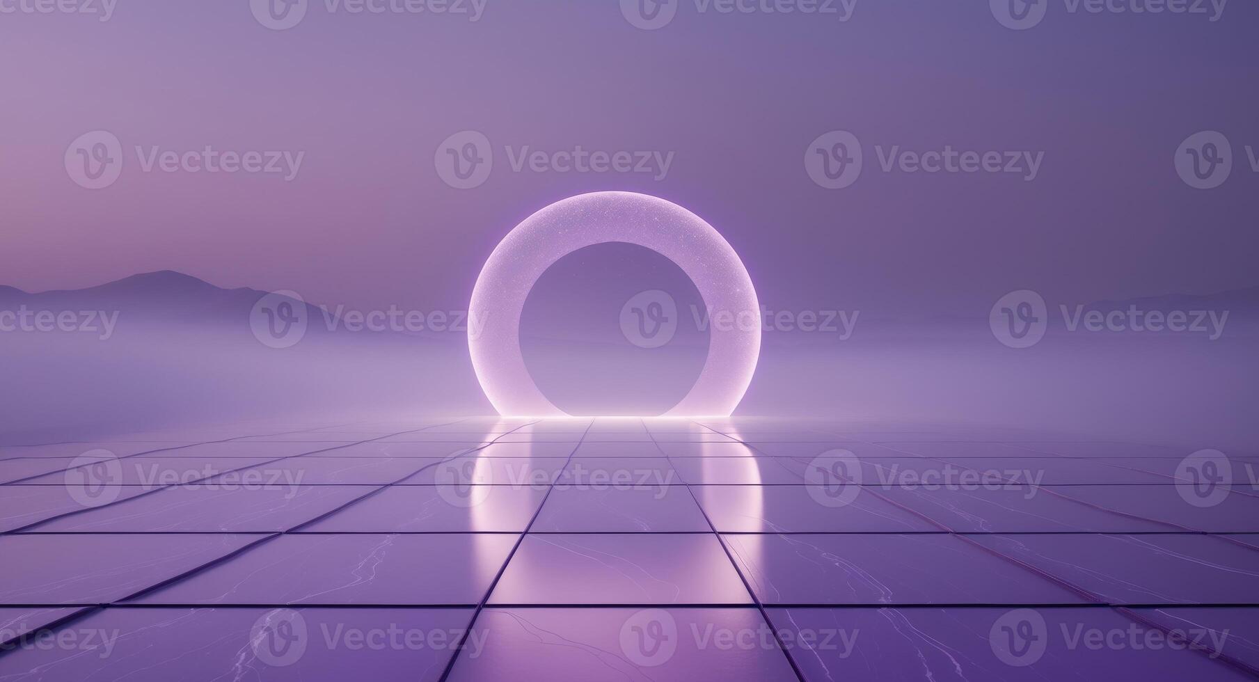 Purple Abstract Landscape with Reflective Platform and Circular Portal photo