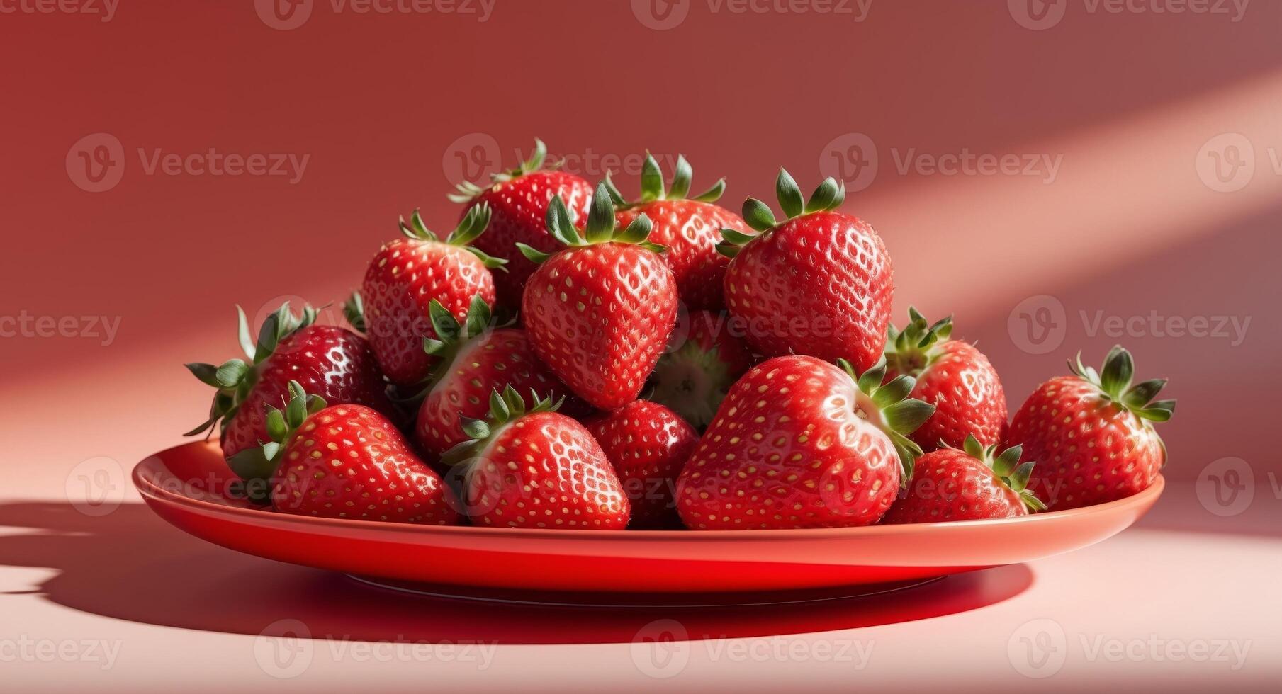 Ripe strawberries clustered on a vibrant red plate with soft shadows casting on a matching backdrop highlighting their freshness and texture. photo