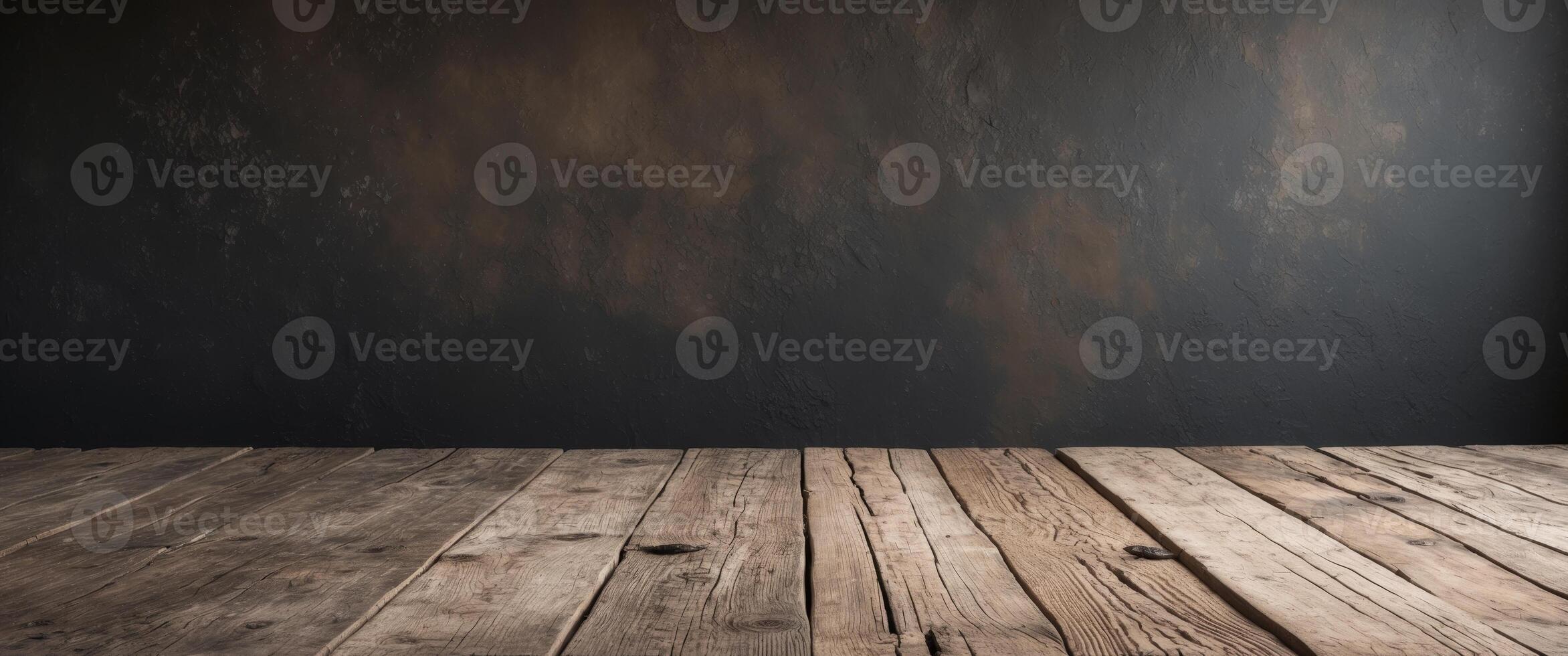 Rustic Wooden Table Surface Ideal for Product Presentation and Creative Displays on Dark Textured Background. photo