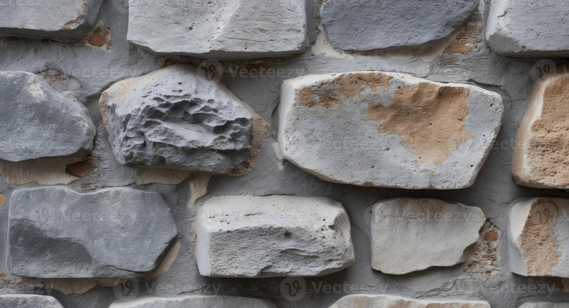 Rustic gray stone wall with irregularly shaped rocks and mortar for a timeless earthy texture. photo