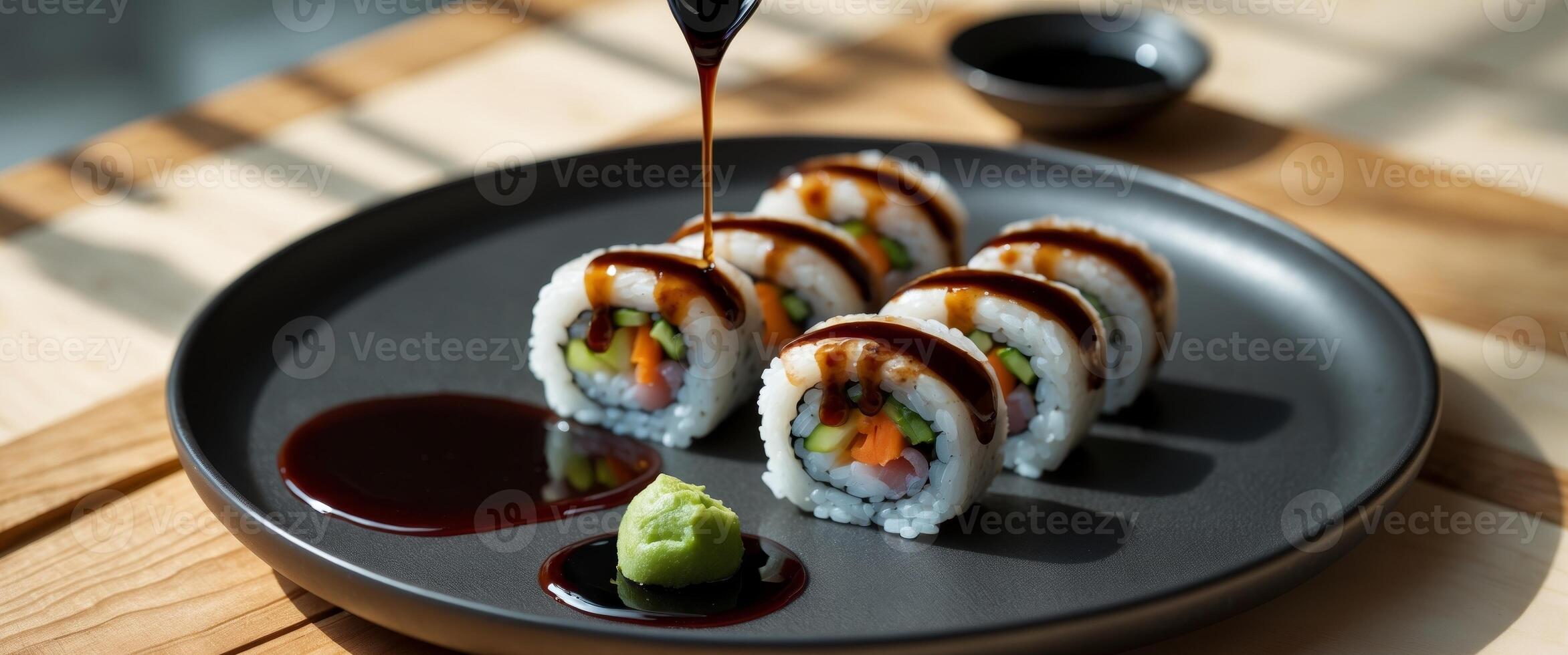 Savoring delicious sushi rolls drizzled with sauce served on a stylish black plate with soy sauce on a wooden table photo