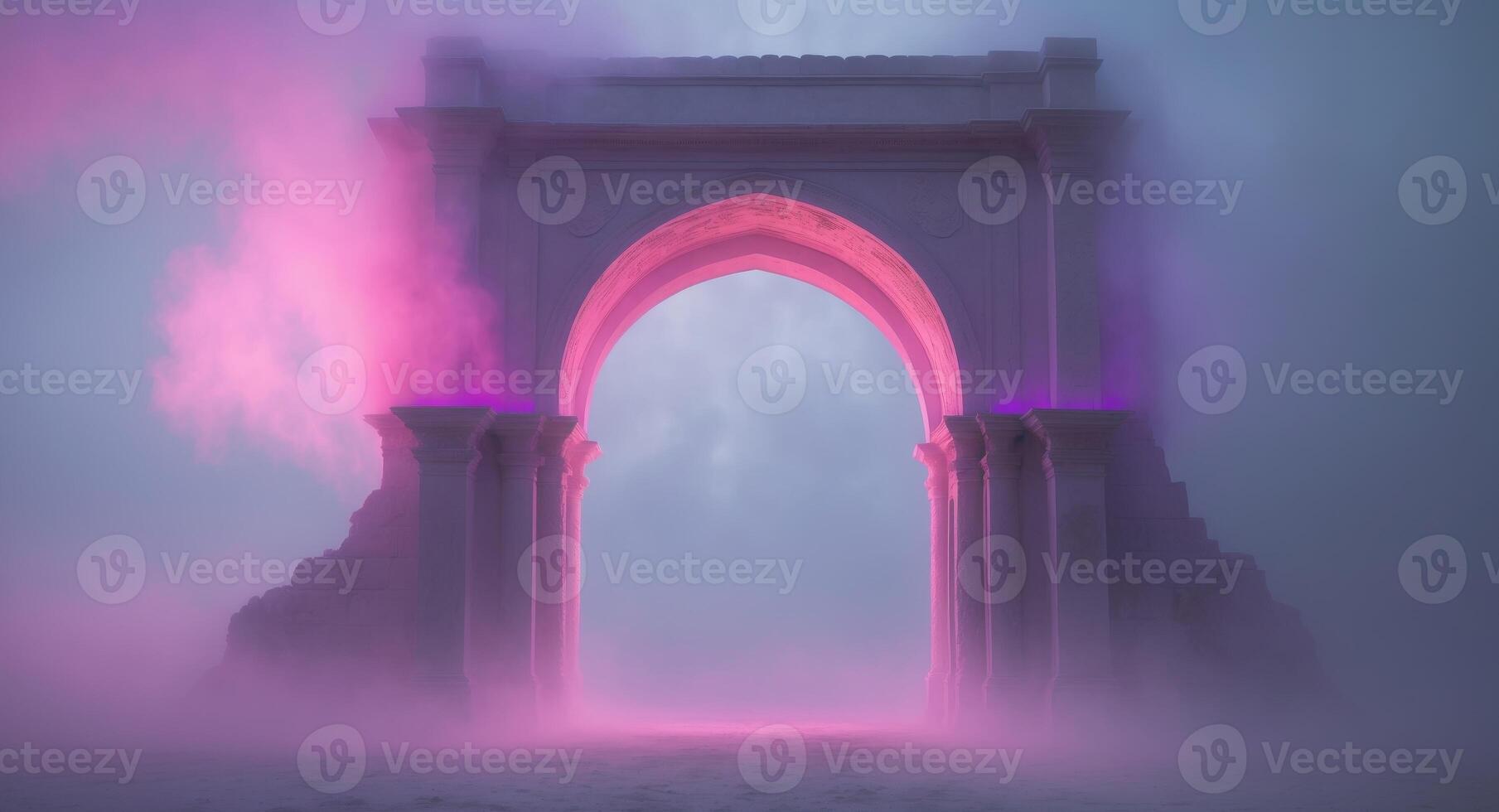 Vibrant Archway Illuminated by Pink and Purple Light in a Dreamy Foggy Setting. photo
