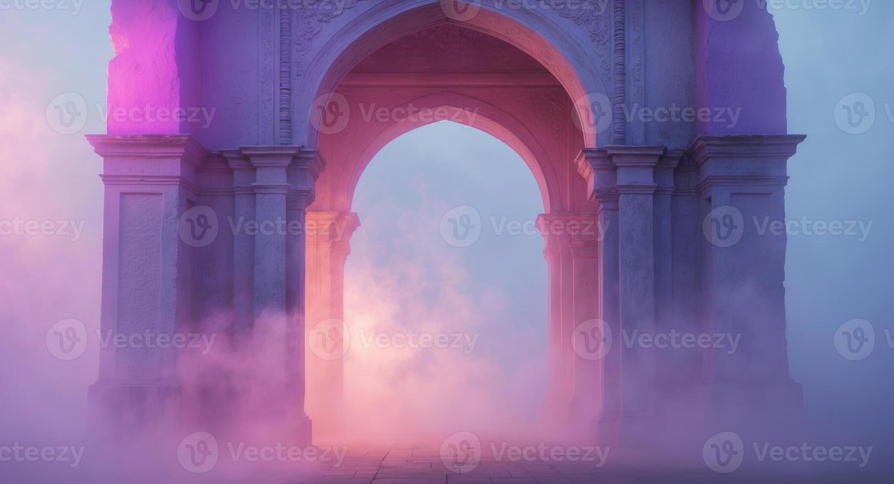 Vibrant Archway Illuminated by Pink and Purple Light in a Dreamy Foggy Setting photo