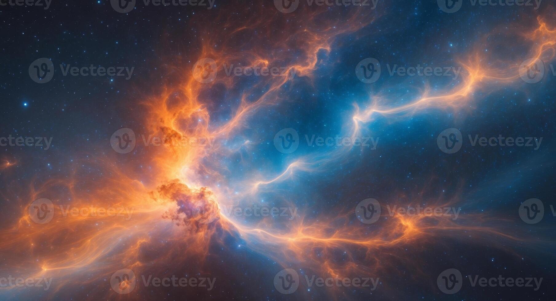 Vibrant Cosmic Nebula with Fiery Orange and Deep Blue Tones in Outer Space Illuminating the Galactic Background Ideal for Inspirational Text Copy Space. photo