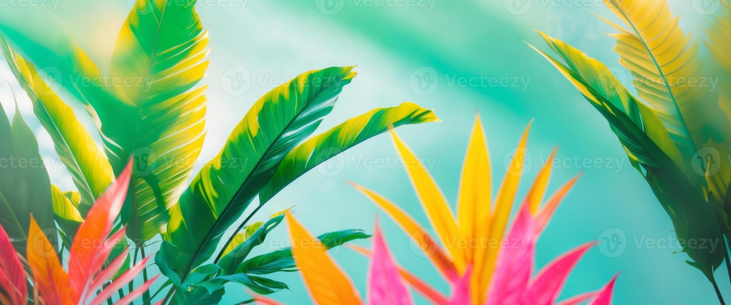 Vibrant tropical leaves create a lively background for creative designs and promotional content photo