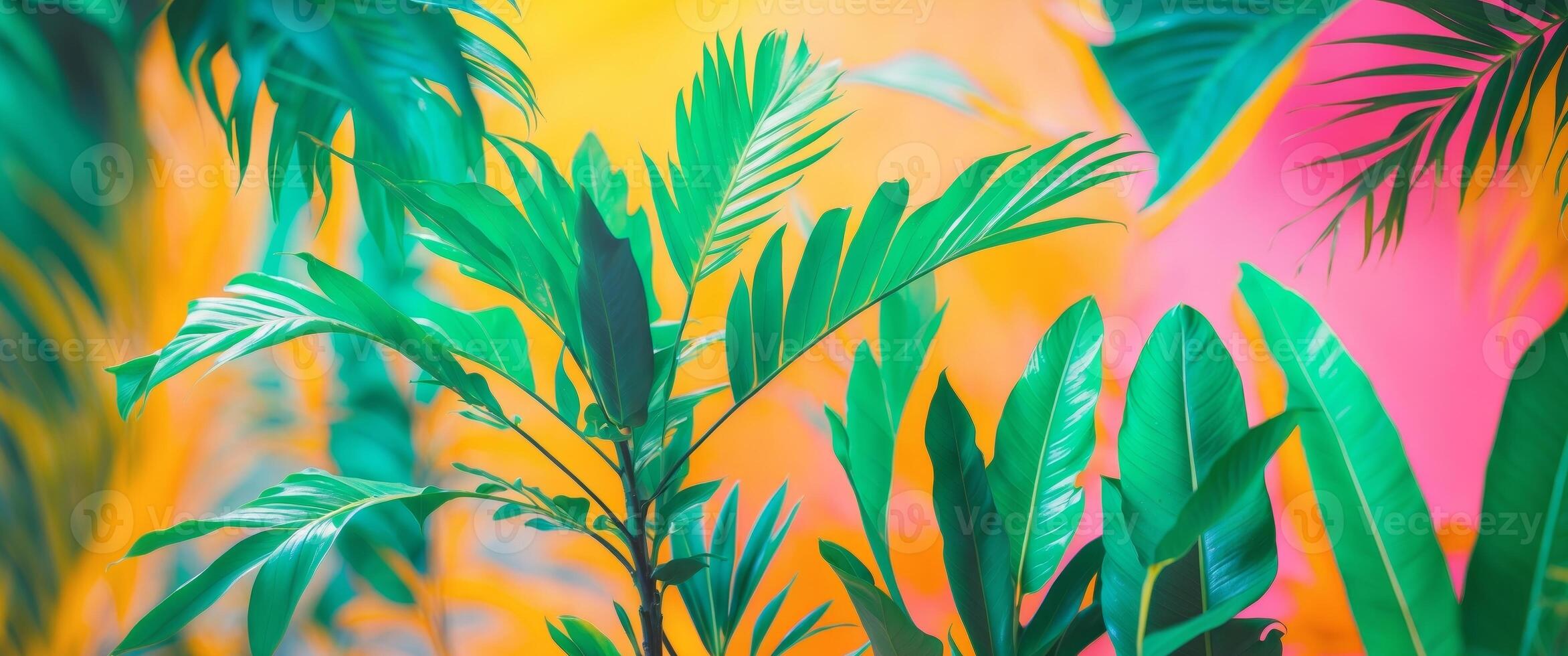 Vibrant tropical leaves create a lively background for creative designs and promotional content. photo