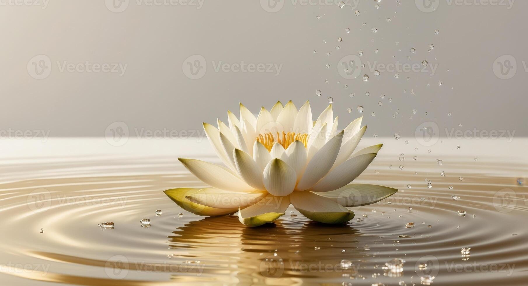 White lotus flower on rippling golden water surface with falling water droplets Copy Space. photo