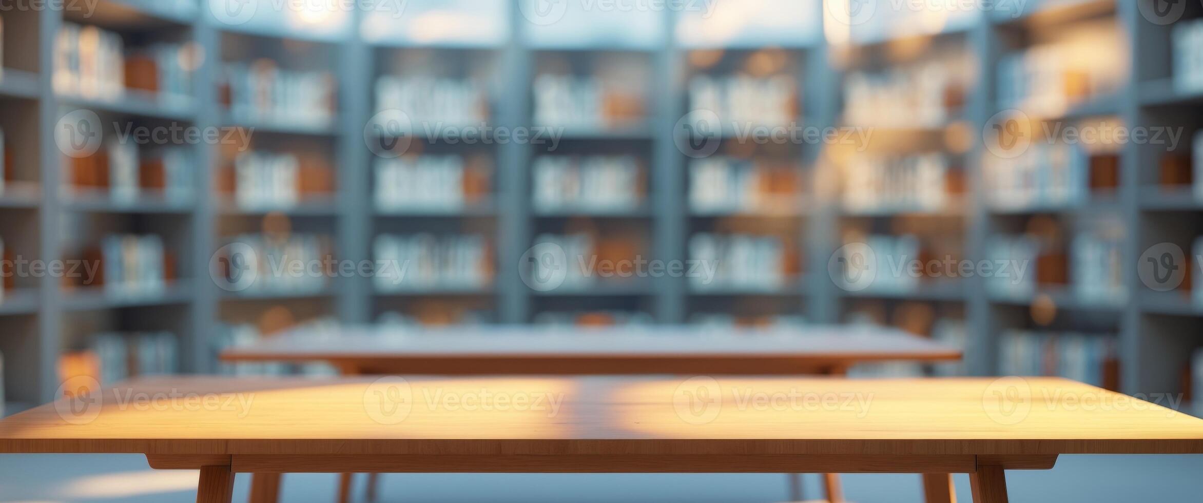 Wooden Table in Modern Library with Blurred Background and Natural Light Filling the Space photo