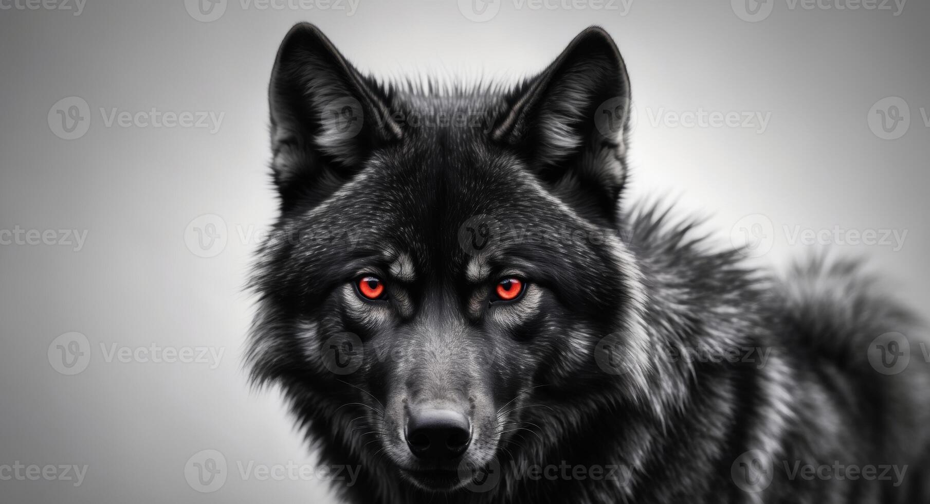 A black wolf with red eyes staring at the camera. photo