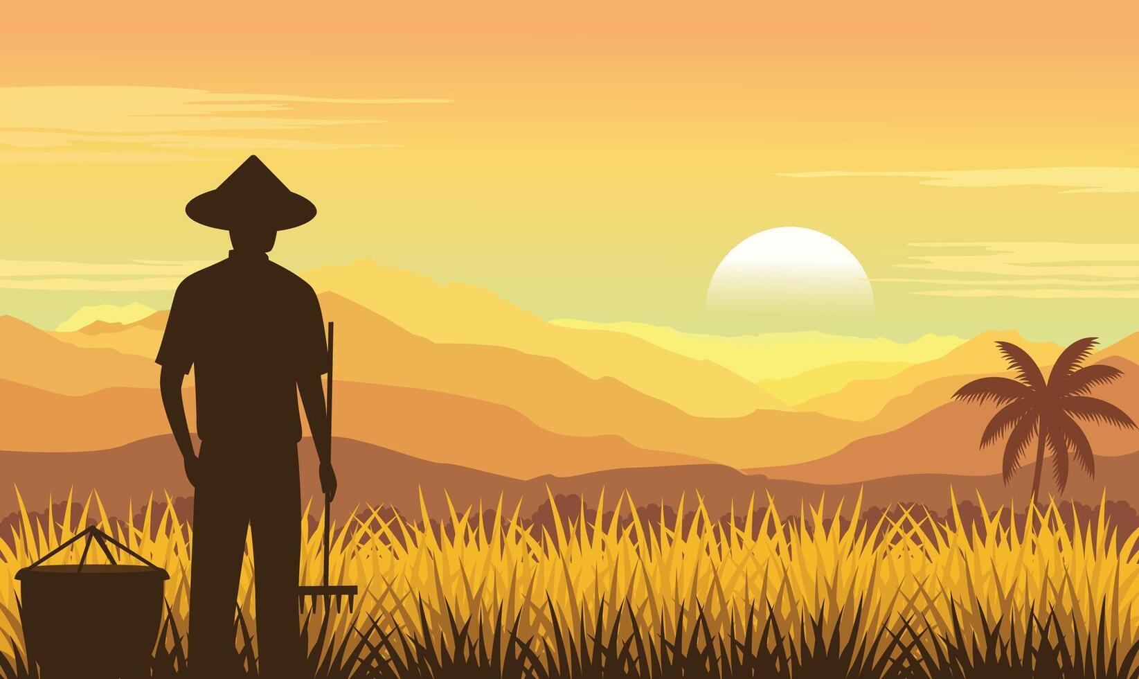 Farmer Silhouette in Mountains Rice Field Panorama with Golden Sun at Sunrise Sunset vector