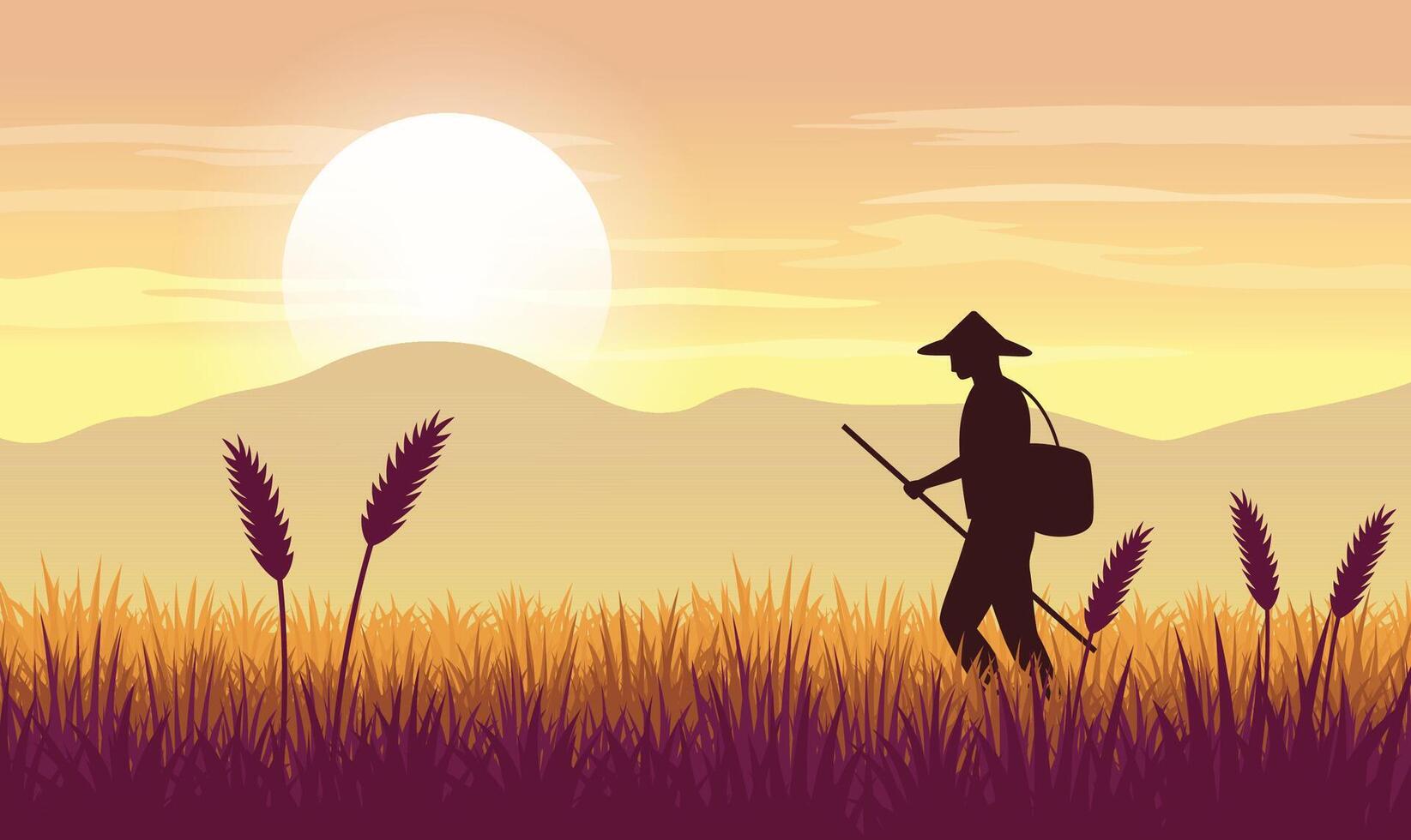 Farmer Silhouette in Mountains Rice Field Landscape with Golden Sun at Sunset vector