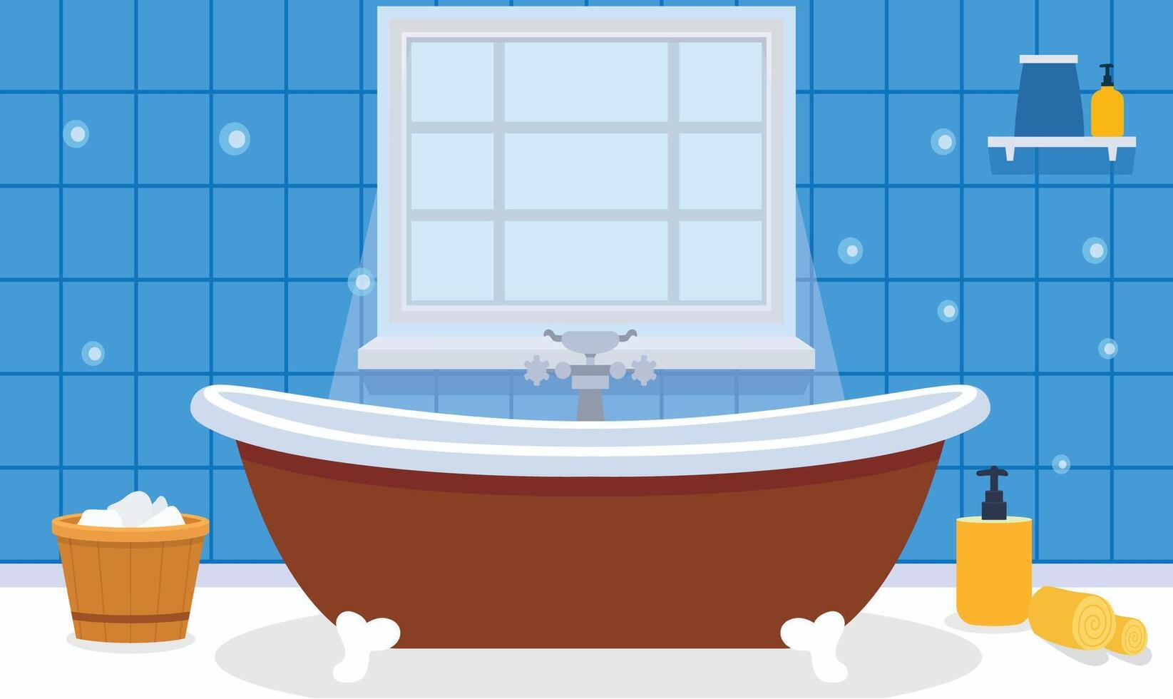 Flat Design Illustration of Bathtub in Cozy Clean Bathroom at Home with Bubbles and Window vector
