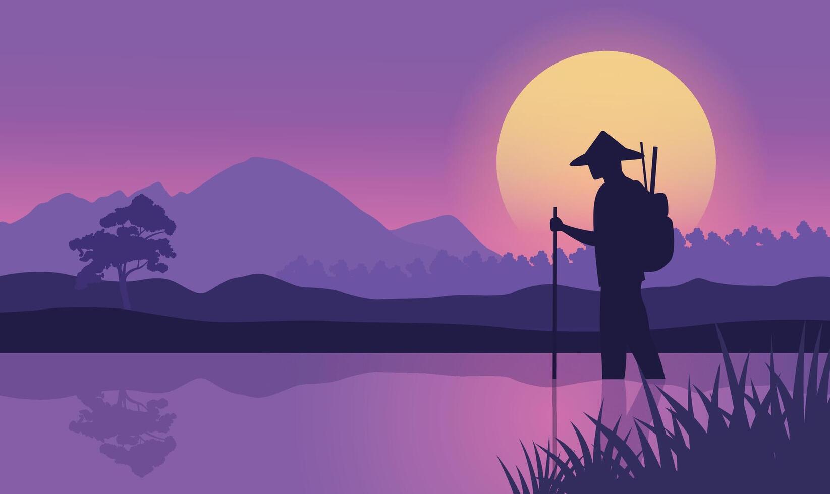 Farmer Silhouette in Mountains Rice Field Landscape with Sun at Sunrise Sunset in Purple Sky vector