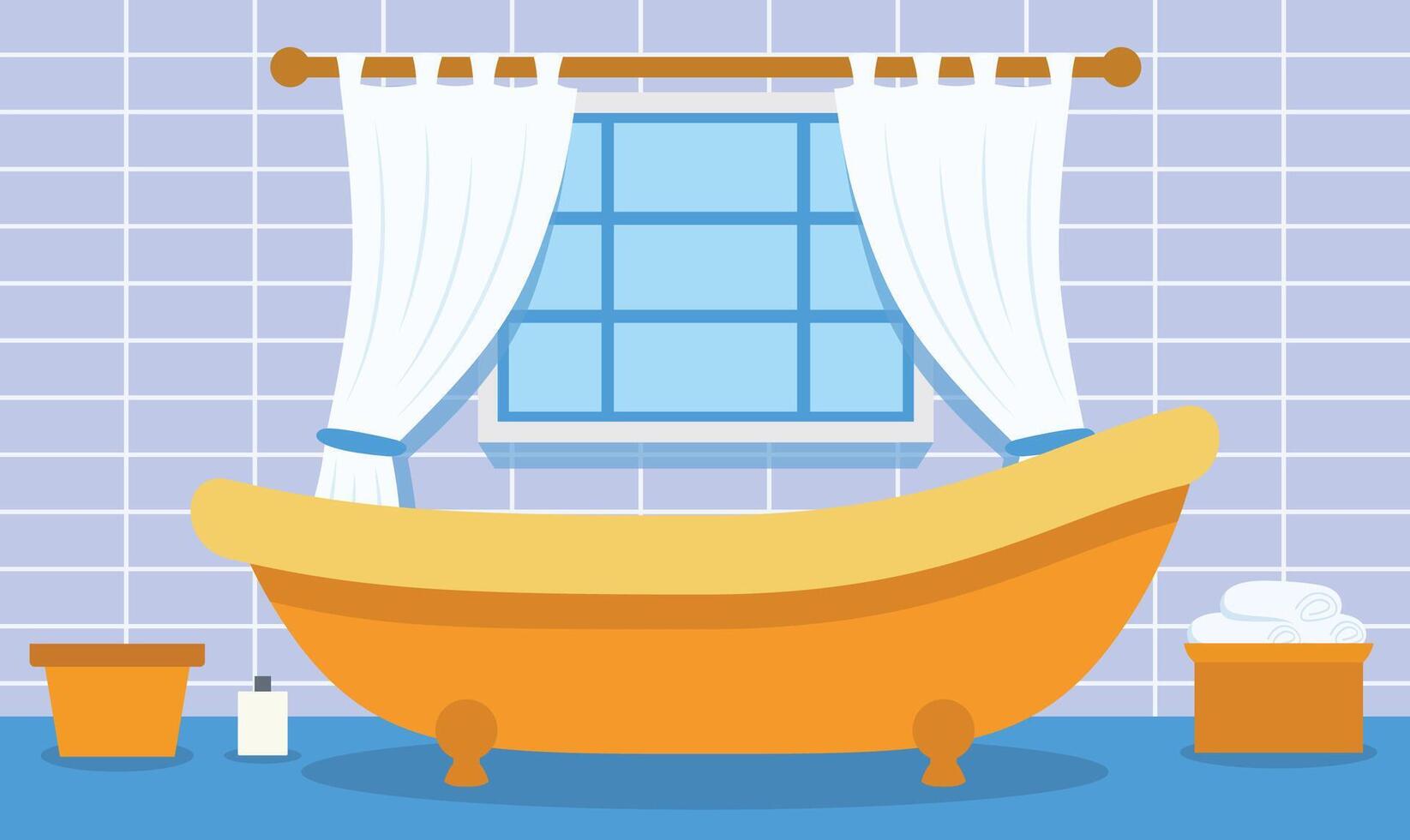 Flat Design Illustration of Bathtub in Spotless Bathroom at Home with Curtain on the Window vector