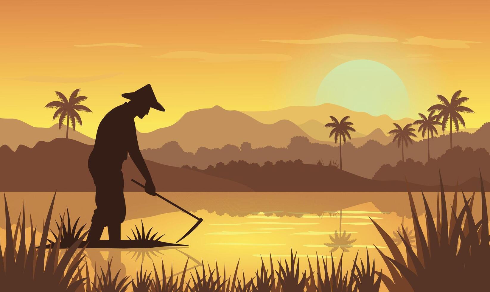 Farmer Silhouette in Mountains Rice Field Landscape with Sun at Sunset vector