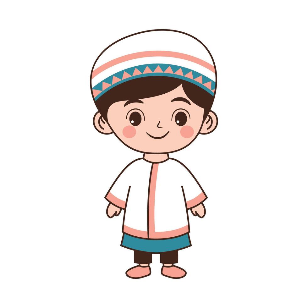 Happy Cute Muslim Kid Boy People Cartoon Character Wearing Islamic Traditional Clothes vector