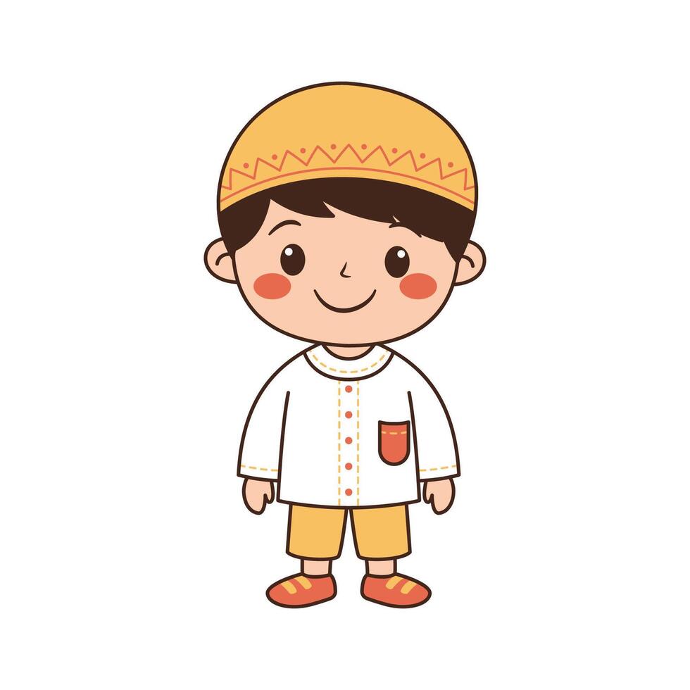 Happy Cute Muslim Kid Boy Cartoon Character Wearing Islamic Traditional Outfit Clothes vector