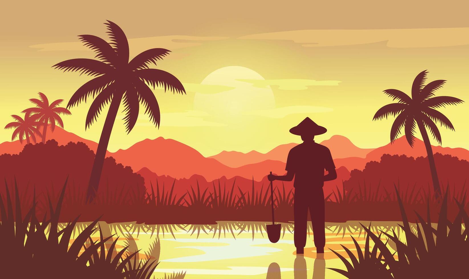 Farmer Silhouette in Mountains Rice Field Landscape with Golden Sun Sky at Sunrise Sunset vector