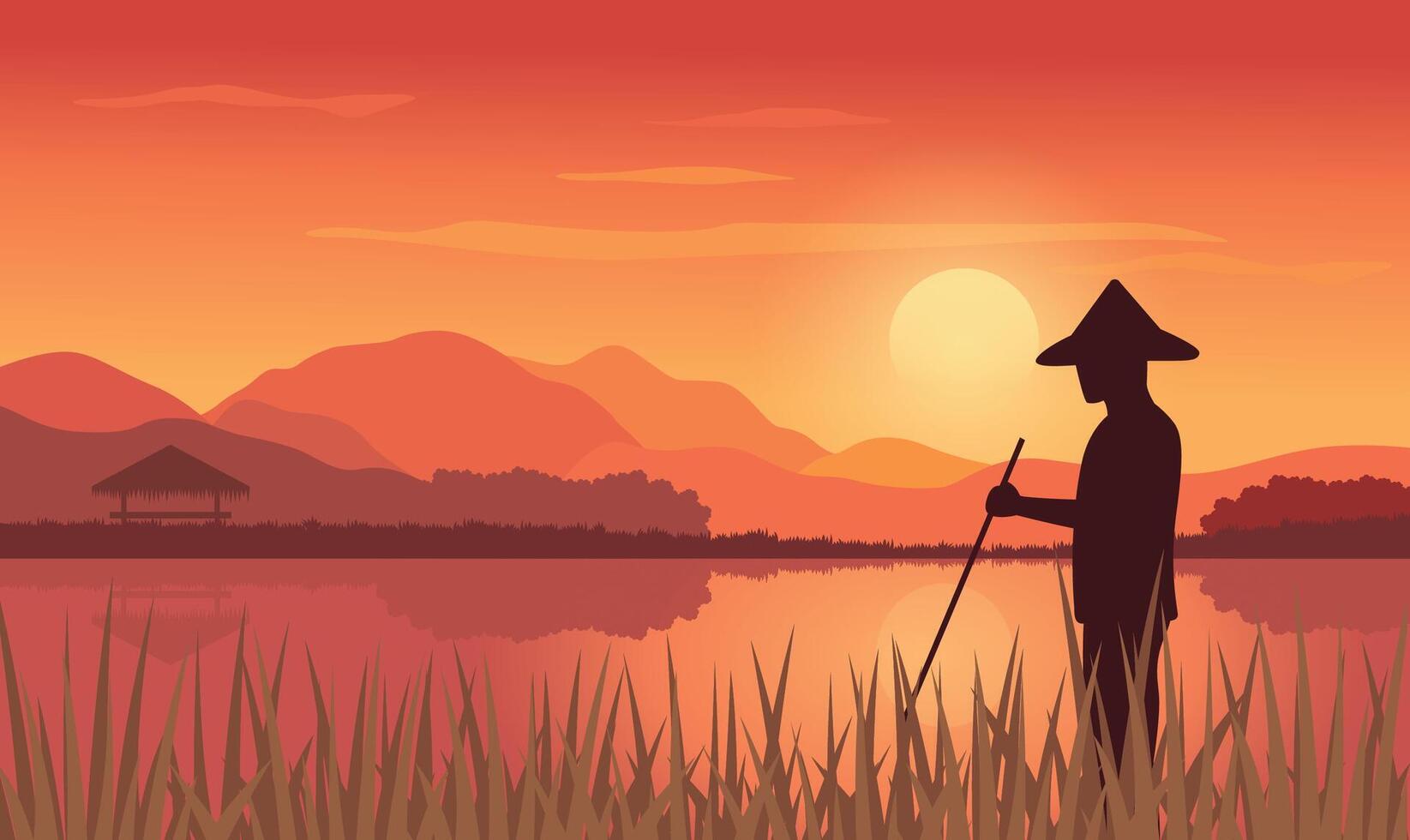 Farmer Silhouette in Mountains Rice Field Landscape with Sun at Sunrise Sunset vector