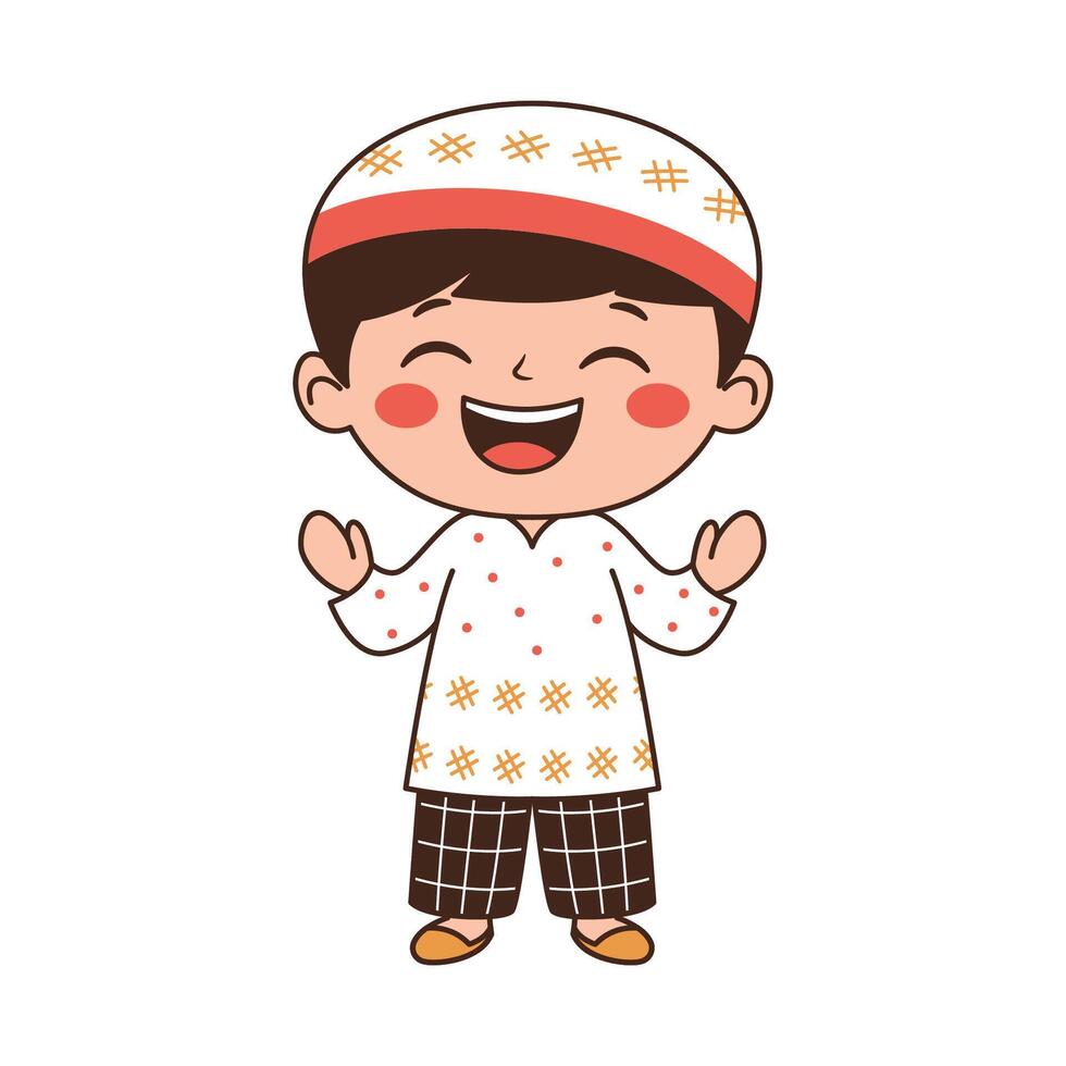 Happy Cute Muslim Kid Boy Cartoon Character Praying Wearing Islamic Traditional Clothes vector