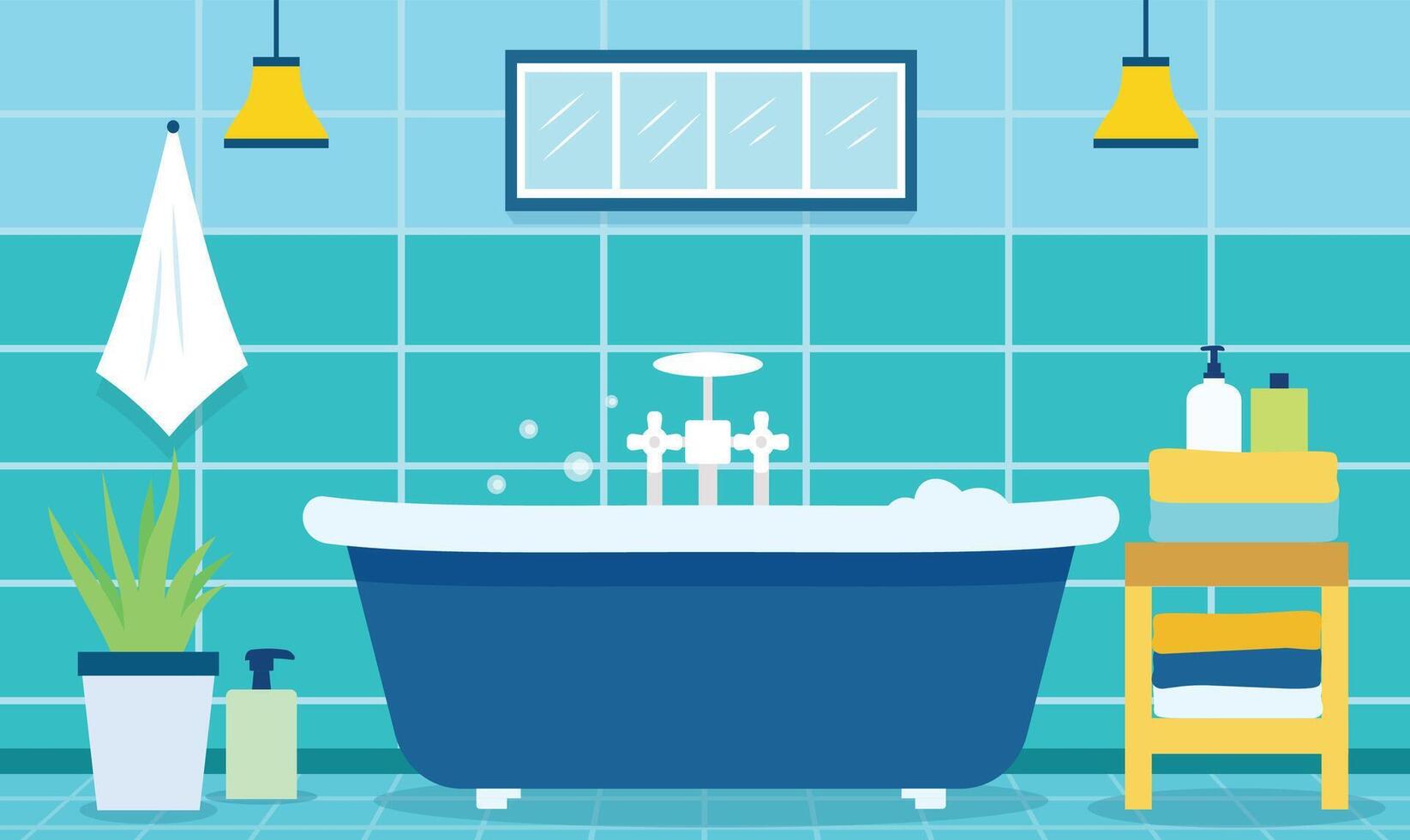 Flat Design Illustration of Bathtub in Cozy Clean Bathroom at House with Ceramic Wall Background vector