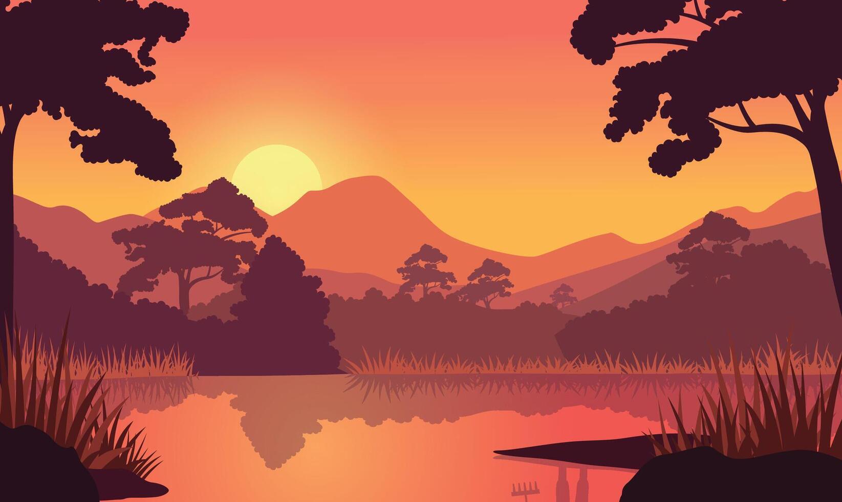 Beautiful Golden Sun at Sunset Sunrise in Mountains Rice Field Landscape vector