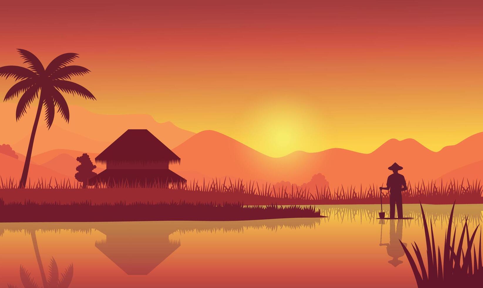 Farmer Silhouette in Rice Field Landscape with Golden Sun at Sunrise Sunset vector