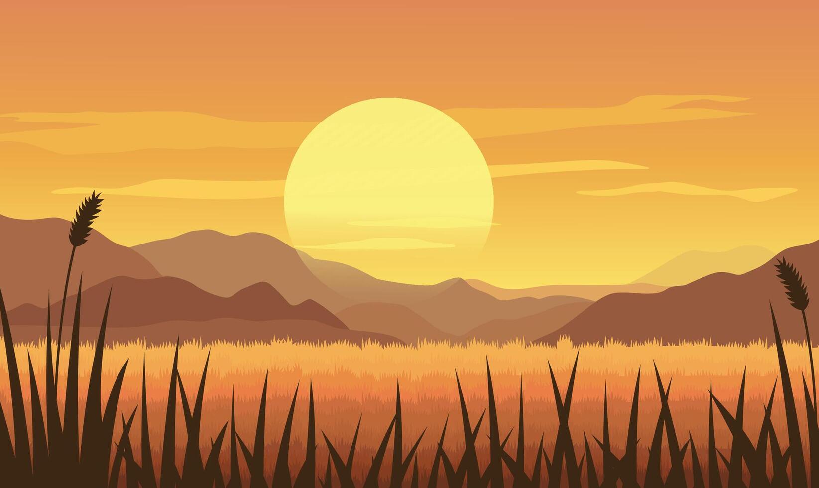Beautiful Golden Sun at Sunset Sunrise in Mountains Rice Field Nature Scenery vector
