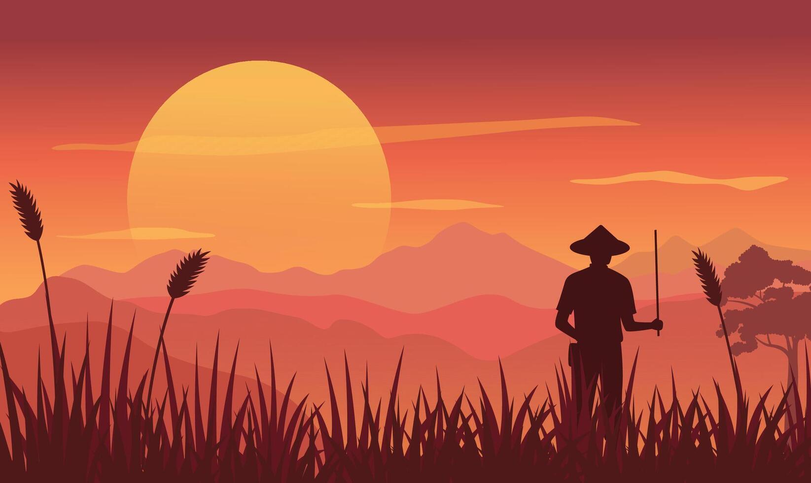 Farmer Silhouette in Mountains Rice Field View with Golden Sun at Sunrise Sunset vector