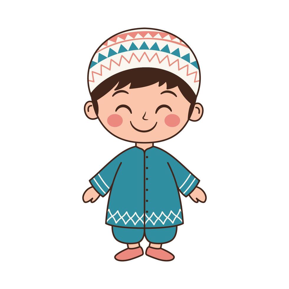Cheerful Cute Muslim Kid Boy Cartoon Character Wearing Islamic Traditional Clothes vector