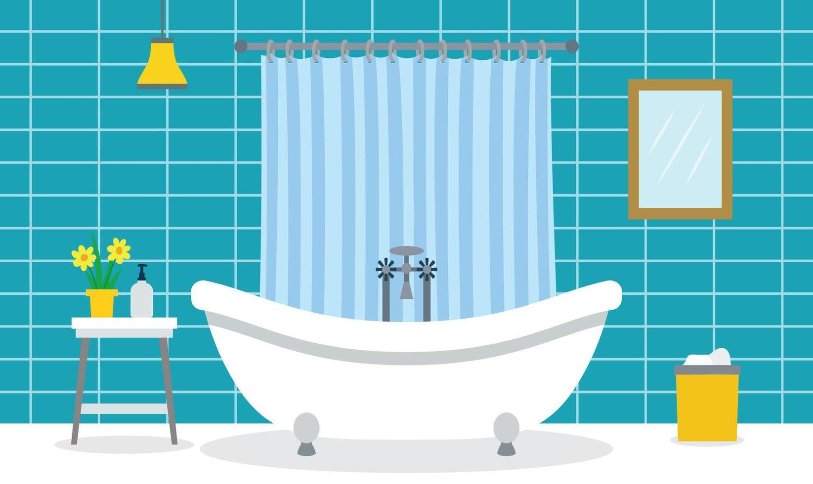Flat Design Illustration of Bathtub in Cozy Clean Bathroom Landscape Home with Curtainpe vector