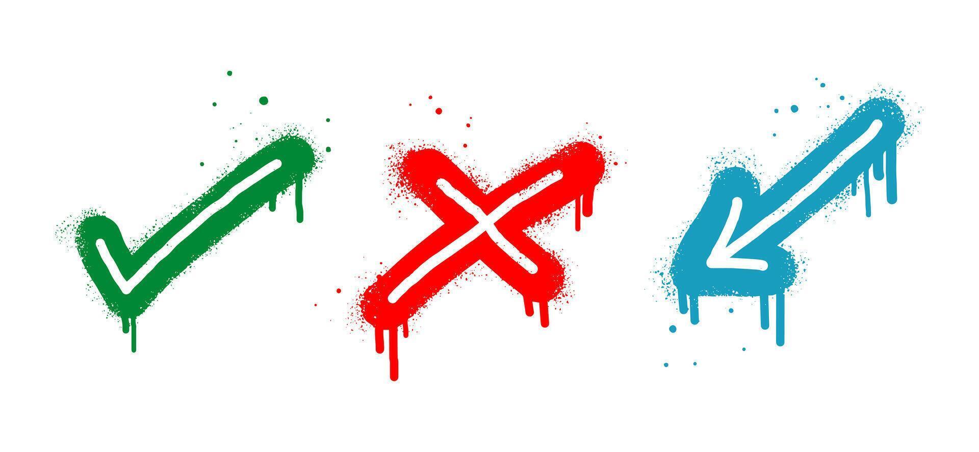 collection of Spray painted graffiti check mark and arrow sign in colorful. design element drip symbol. isolated on white background vector