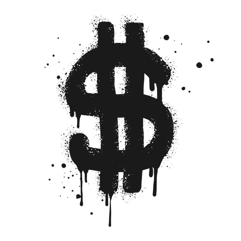 Spray painted graffiti currency in black over white. Drops of sprayed dollar icon vector