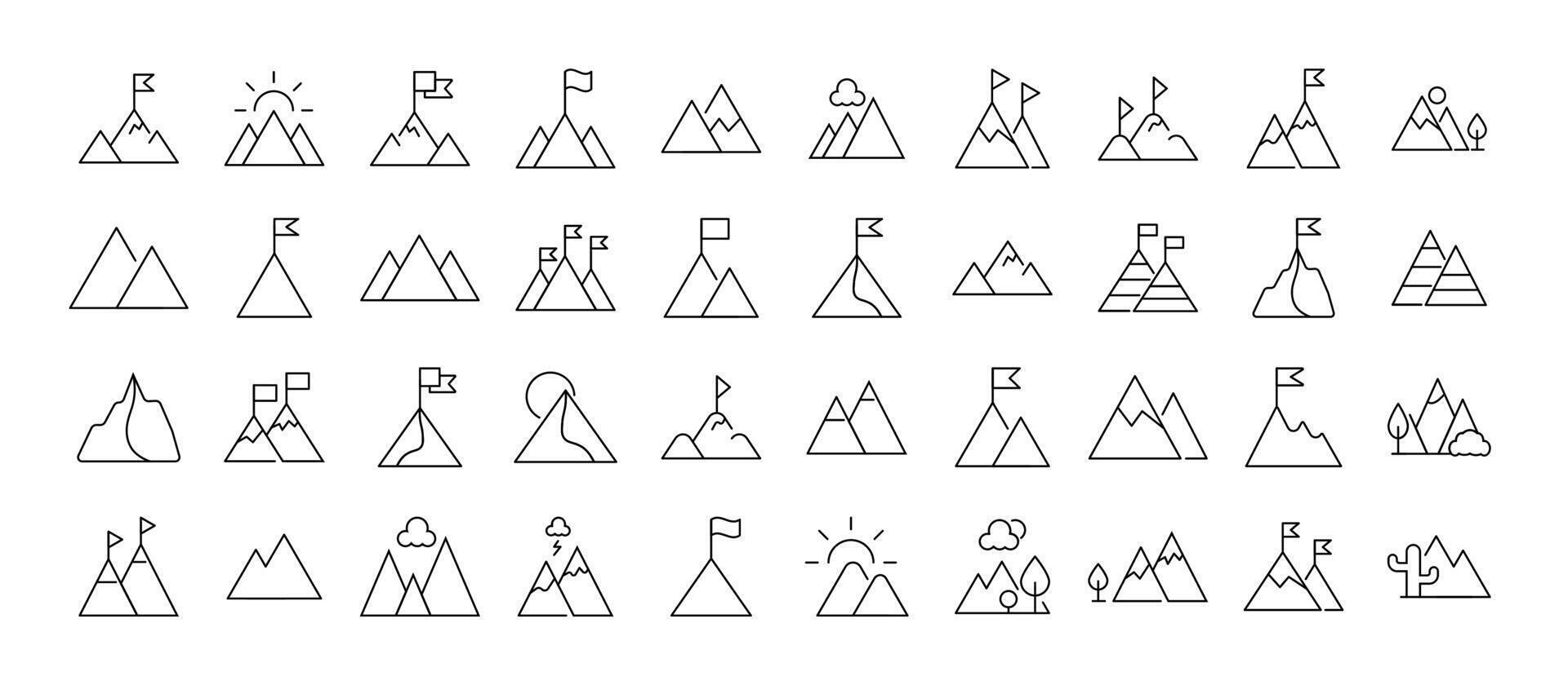 Collection of Signs of mountains as symbol of travel and hiking. Suitable for books, stores, shops. Editable stroke in minimalistic outline style. Symbol for design vector